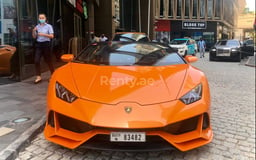 Orange Lamborghini Evo Spyder for rent in Dubai