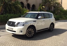 White Nissan Patrol V6 Platinum for rent in Dubai