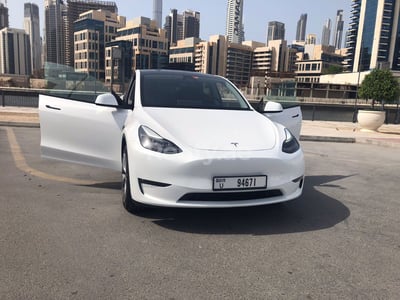 在迪拜租赁白色 Tesla Model Y Long Range 0