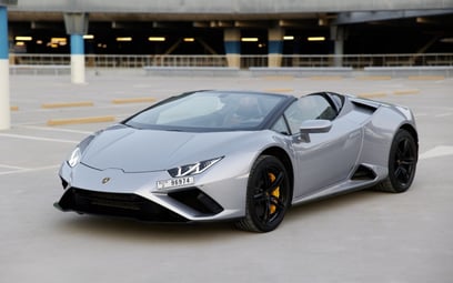 Grey Lamborghini Huracan Evo Spyder for rent in Dubai
