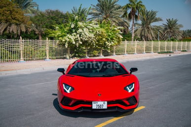 Red Lamborghini Aventador S for rent in Dubai 2