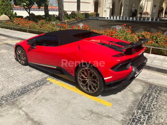 Red Lamborghini Huracan Performante Spyder for rent in Sharjah 0