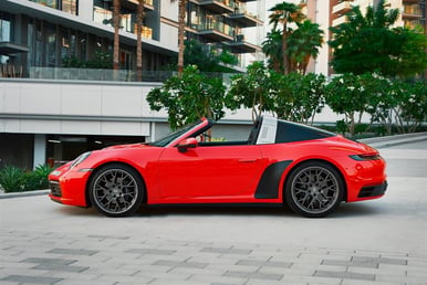 Red Porsche 911 Targa 4 for rent in Dubai 1