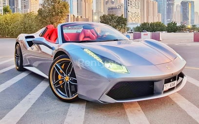 Silver Grey Ferrari 488 Spyder for rent in Dubai