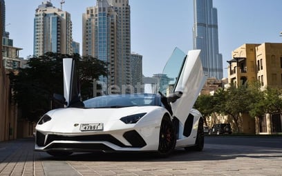 White Lamborghini Aventador S Roadster for rent in Dubai