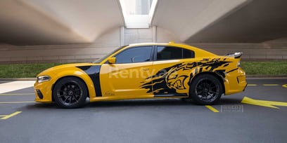 Yellow Dodge Charger for rent in Dubai 3