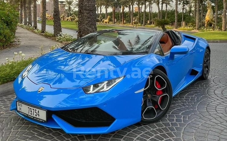 Blue Lamborghini Huracan Spyder for rent in Abu-Dhabi