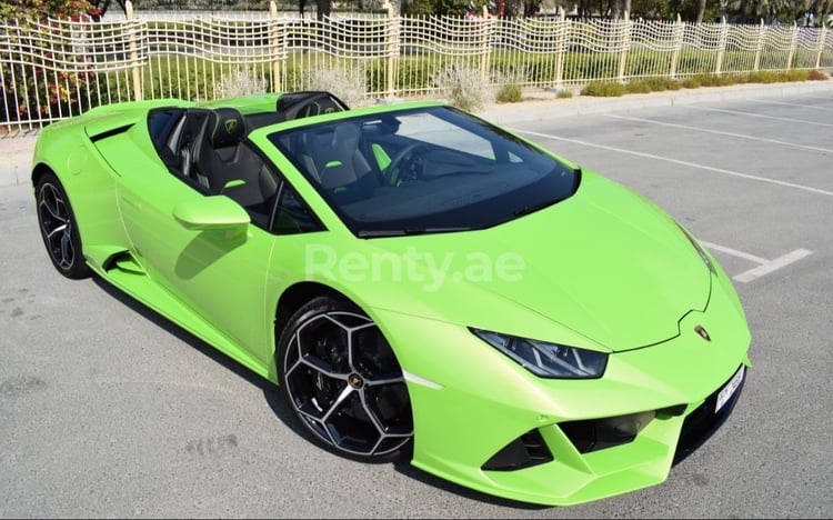 Green Lamborghini Evo Spyder for rent in Abu-Dhabi