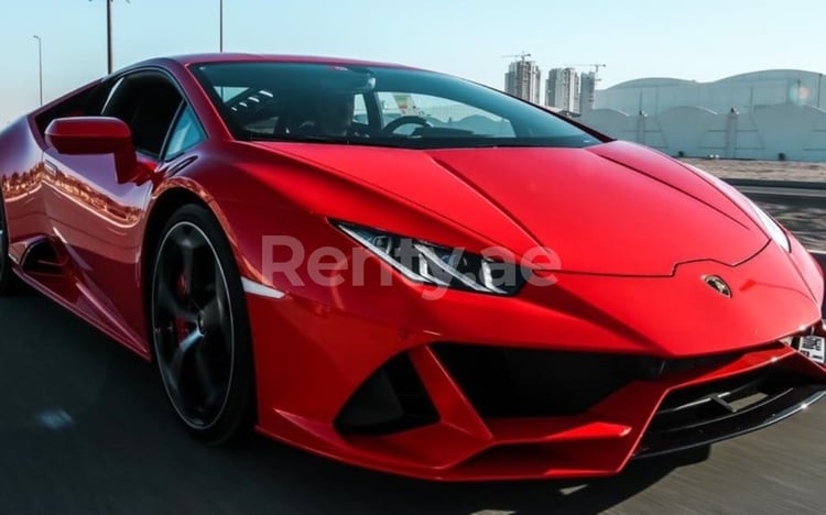 Red Lamborghini Huracan Evo Coupe for rent in Sharjah