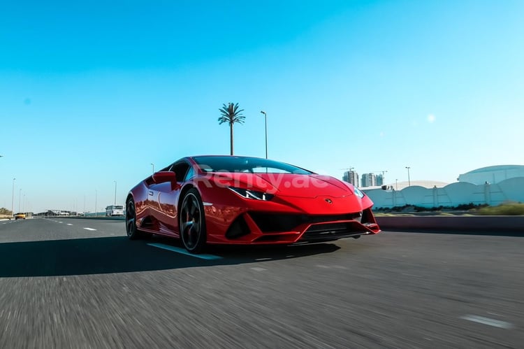 Red Lamborghini Huracan Evo Coupe for rent in Sharjah 2