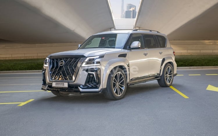 Silver Nissan Patrol hawk kit for rent in Dubai