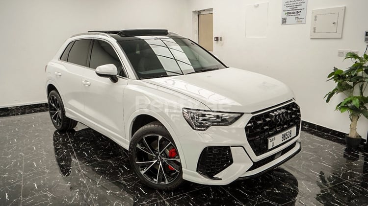 White Gray 2021 Audi Q3 with RS3 bodykit for rent in Dubai 0