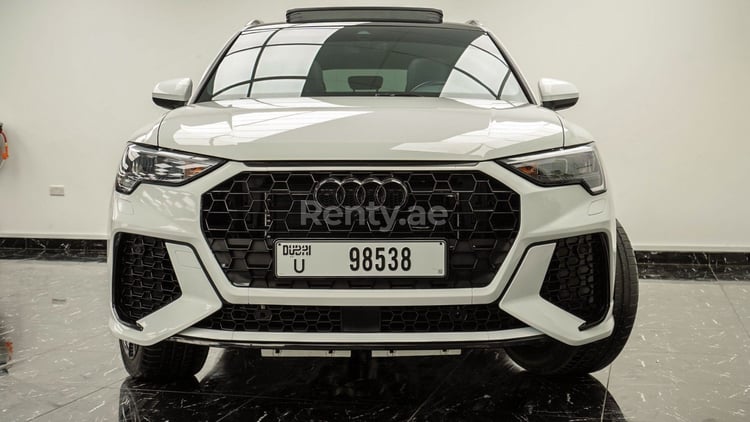 White Gray 2021 Audi Q3 with RS3 bodykit for rent in Dubai 1