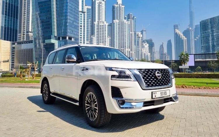 White Nissan Patrol V8 Platinum for rent in Dubai