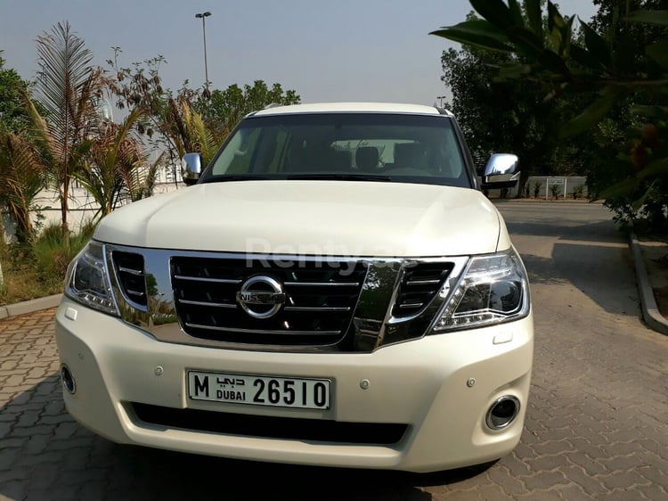 Bright White Nissan Patrol for rent in Dubai 2