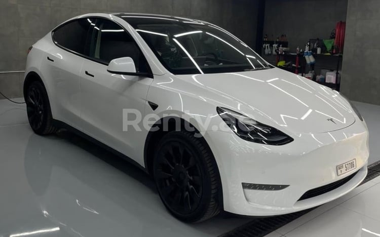 White Tesla Model Y Long Range for rent in Abu-Dhabi