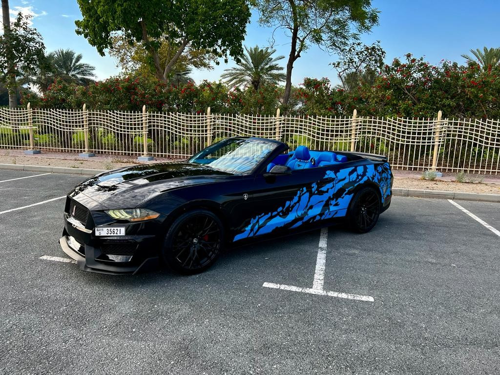 Black Ford Mustang Convertible for rent in Dubai 1