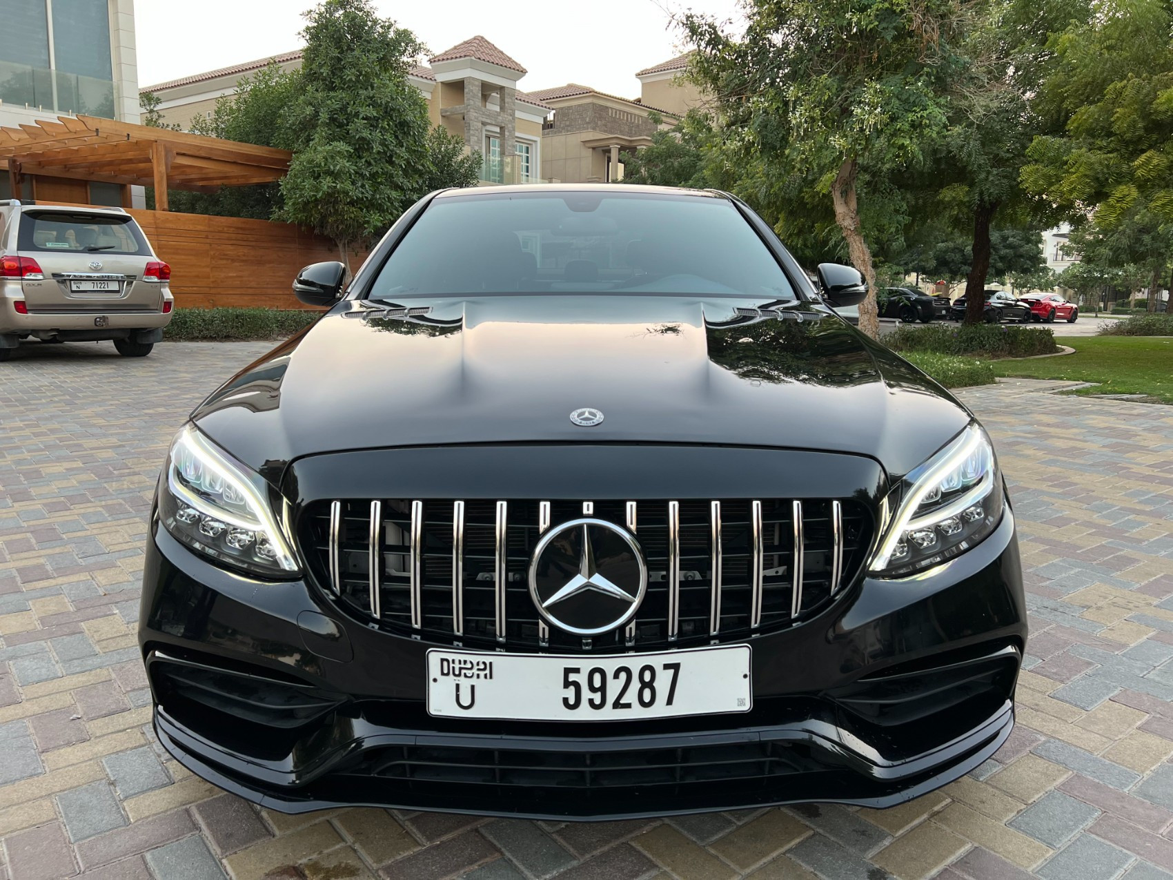 Black Mercedes C300 with C63 Black Edition Bodykit for rent in Sharjah 0