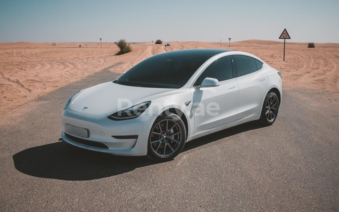 White Tesla Model 3 for rent in Sharjah