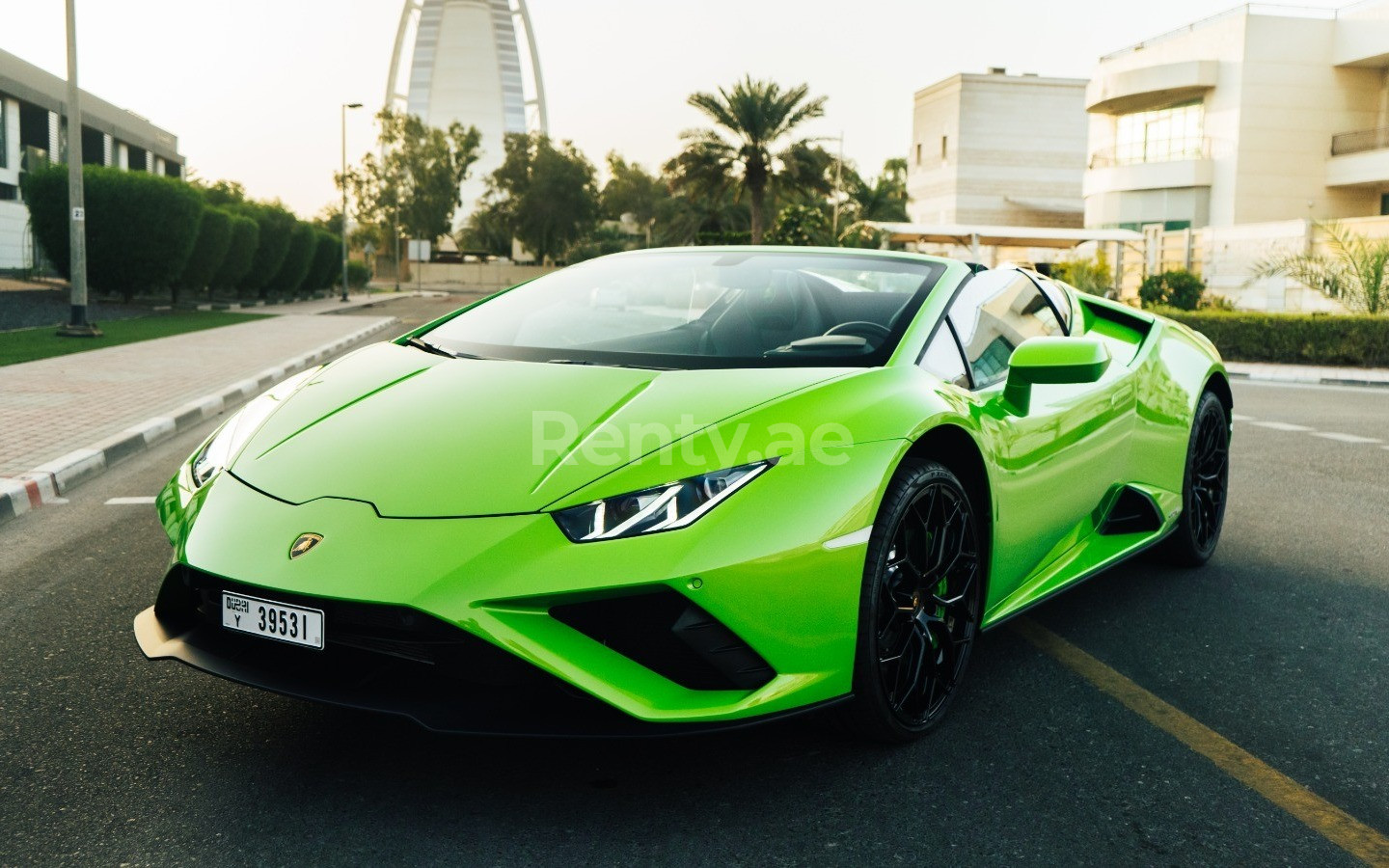 Green Lamborghini Evo Spyder for rent in Dubai