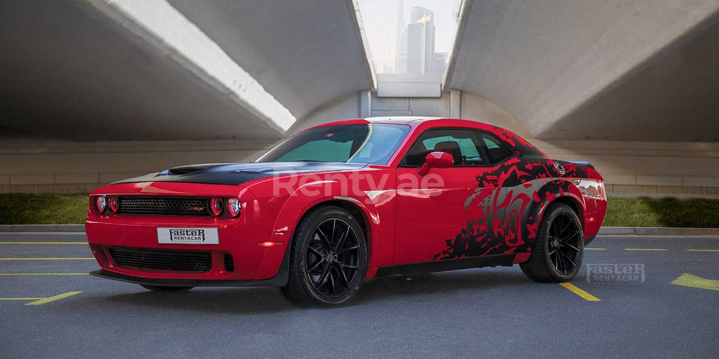 Red Dodge Challenger for rent in Abu-Dhabi 0