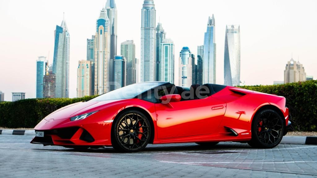 Red Lamborghini Evo Spyder for rent in Sharjah 1