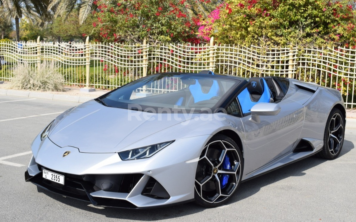 Silver Lamborghini Evo Spyder for rent in Sharjah