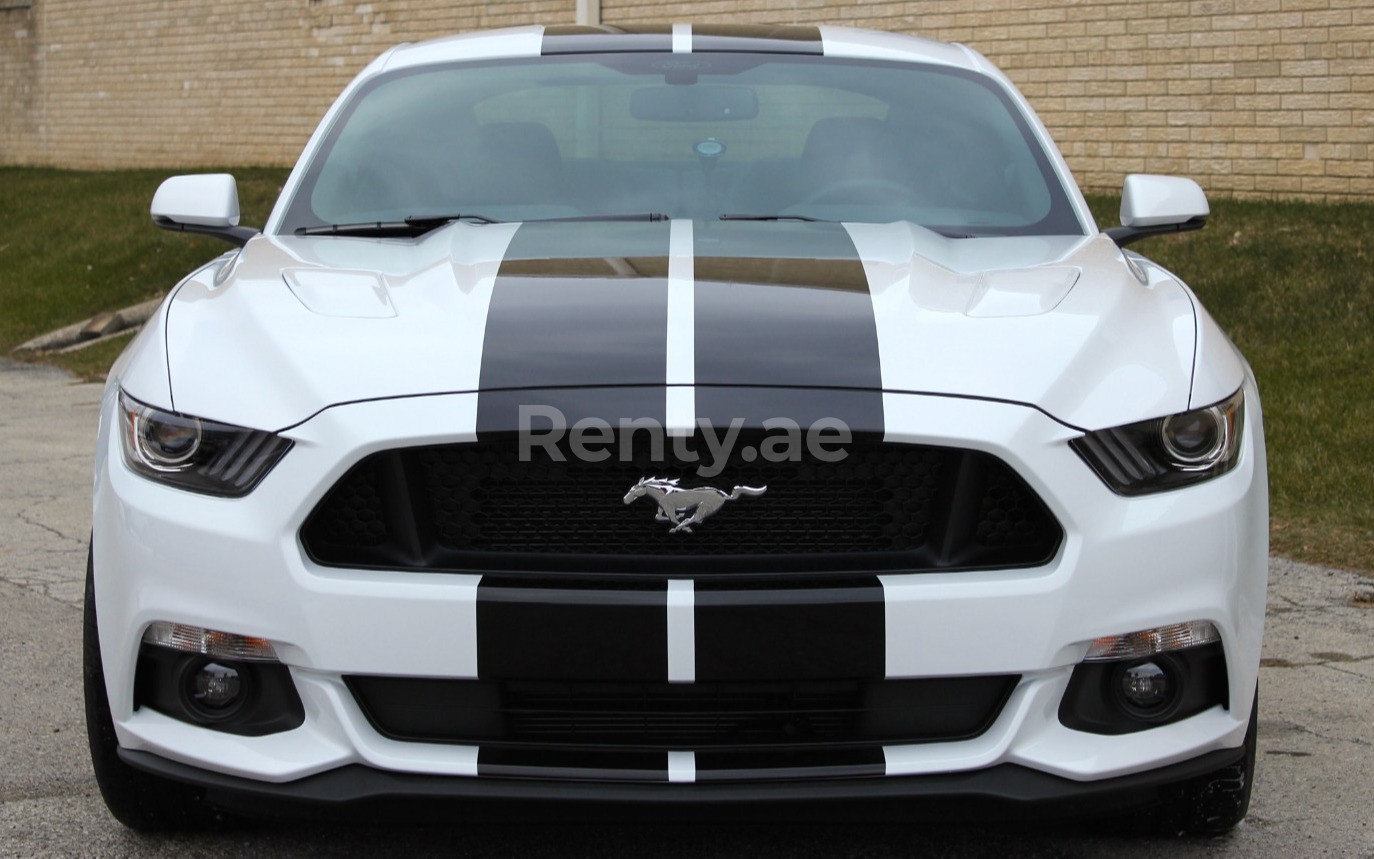 White Ford Mustang Coupe for rent in Sharjah