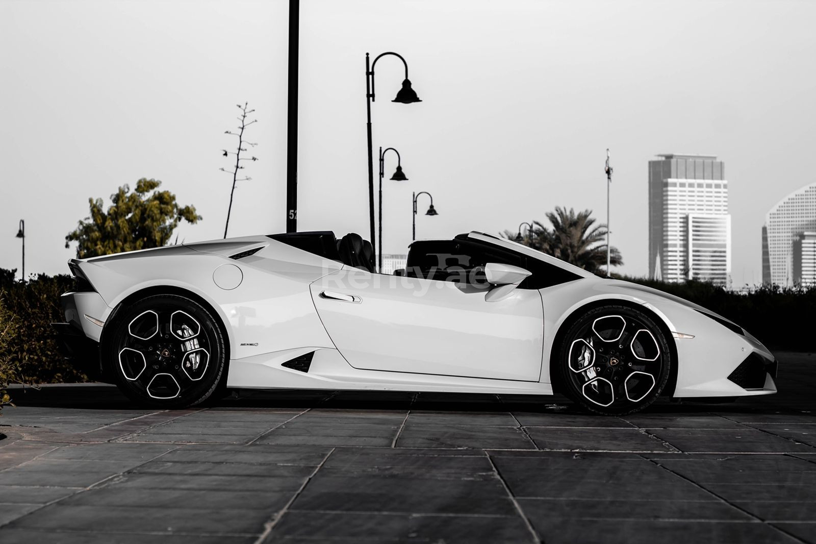 在沙迦租赁白色 Lamborghini Huracan Spyder 4