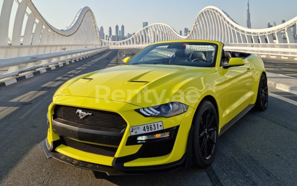 Yellow Ford Mustang Eco Boost cabrio for rent in Abu-Dhabi