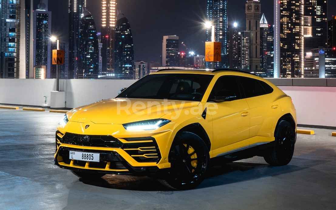 Yellow Lamborghini Urus for rent in Dubai